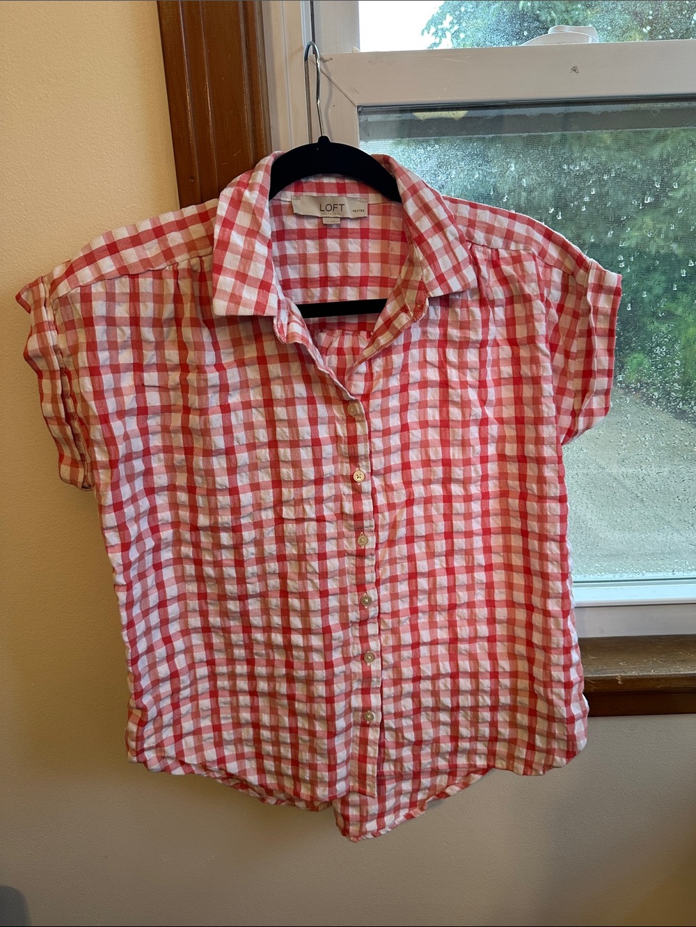 LOFT Pink and White Gingham Short-Sleeve Button-Down